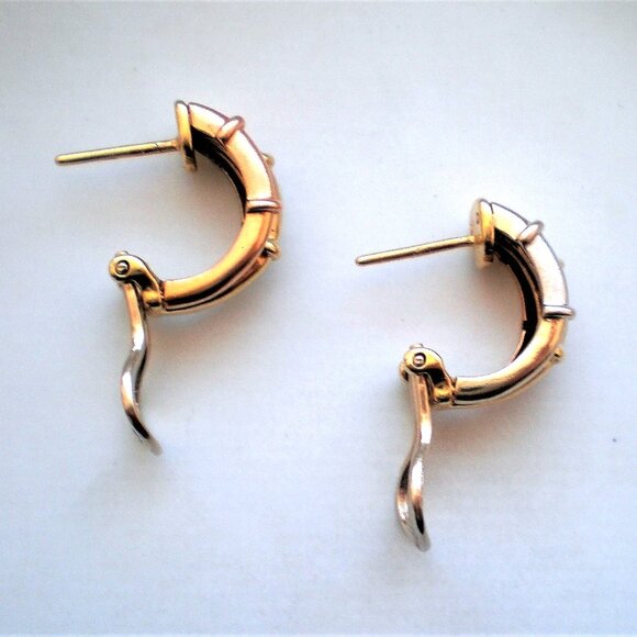 Designer Tri Color 14K Rose Yellow White Gold Bamboo Design Omega Back Earrings - Picture 4 of 7
